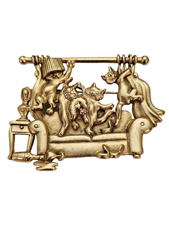 Ajc Jewelry - Vintage AJC Gold Tone Naughty Cats Brooch, Signed L375